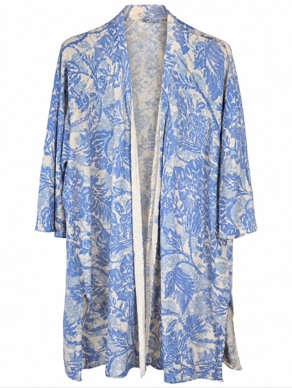 Sigrid Olsen Blue Floral Cotton Linen Blend Open Front Lightweight Cardigan XL